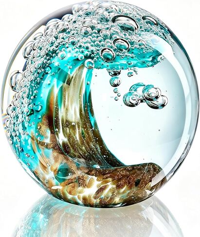 Hand Blown Glass Ocean Wave Ball, 2.3" Blue Sea Wave Crystal Figurine Paperweight, Decorative Glass Sphere Ornament for Home Office, Nautical Decor Collectible, Birthday Gift for Ocean Lovers in Kuwait