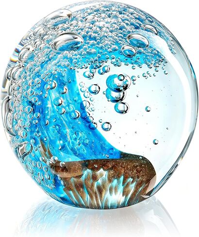 Hand Blown Glass Ocean Wave Ball, 2.3" Blue Sea Wave Crystal Figurine Paperweight, Decorative Glass Sphere Ornament for Home Office, Nautical Decor Collectible, Birthday Gift for Ocean Lovers in Kuwait