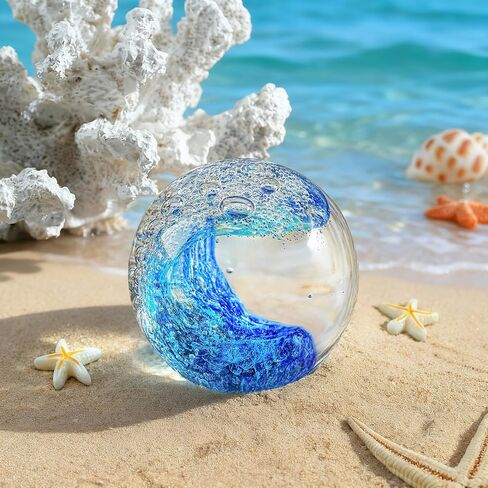 Hand Blown Glass Ocean Wave Ball, 2.3" Blue Sea Wave Crystal Figurine Paperweight, Decorative Glass Sphere Ornament for Home Office, Nautical Decor Collectible, Birthday Gift for Ocean Lovers in Kuwait