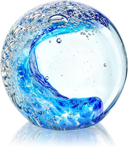 Hand Blown Glass Ocean Wave Ball, 2.3" Blue Sea Wave Crystal Figurine Paperweight, Decorative Glass Sphere Ornament for Home Office, Nautical Decor Collectible, Birthday Gift for Ocean Lovers in Kuwait
