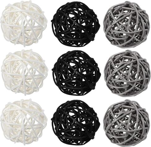 9 Pcs Rattan Decorative Balls, 3 Colors (Black, White, Gray), Handcrafted Woven Yarn Balls for Home Decor, Weddings, Parties, and Special Occasions in Saudi Arabia