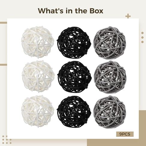 9 Pcs Rattan Decorative Balls, 3 Colors (Black, White, Gray), Handcrafted Woven Yarn Balls for Home Decor, Weddings, Parties, and Special Occasions in Saudi Arabia