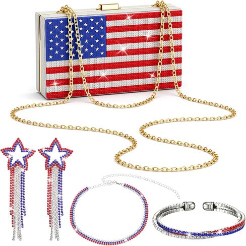 4 Pcs 4th of July Diamond Jewelry Set Including American Flag Evening Purse Patriotic Necklace Earrings and Bracelet for Independence Memorial Day Festive Holiday Accessories Gift in Kuwait