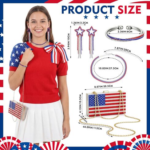 4 Pcs 4th of July Diamond Jewelry Set Including American Flag Evening Purse Patriotic Necklace Earrings and Bracelet for Independence Memorial Day Festive Holiday Accessories Gift in Kuwait