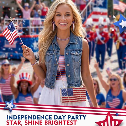 4 Pcs 4th of July Diamond Jewelry Set Including American Flag Evening Purse Patriotic Necklace Earrings and Bracelet for Independence Memorial Day Festive Holiday Accessories Gift in Kuwait