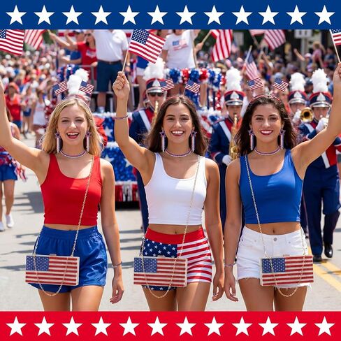 4 Pcs 4th of July Diamond Jewelry Set Including American Flag Evening Purse Patriotic Necklace Earrings and Bracelet for Independence Memorial Day Festive Holiday Accessories Gift in Kuwait