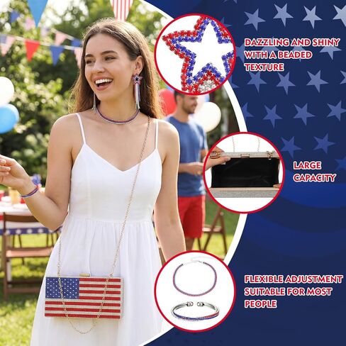 4 Pcs 4th of July Diamond Jewelry Set Including American Flag Evening Purse Patriotic Necklace Earrings and Bracelet for Independence Memorial Day Festive Holiday Accessories Gift in Kuwait