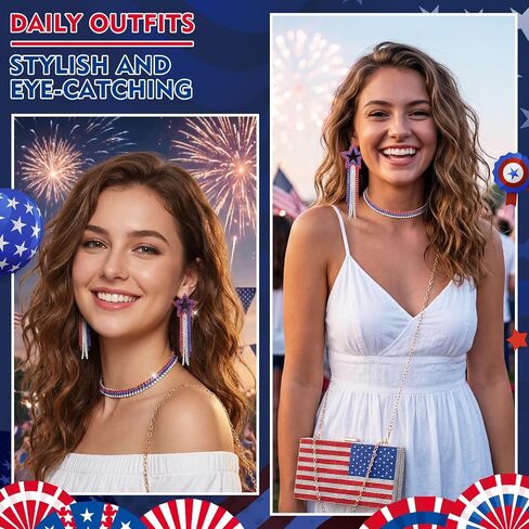 4 Pcs 4th of July Diamond Jewelry Set Including American Flag Evening Purse Patriotic Necklace Earrings and Bracelet for Independence Memorial Day Festive Holiday Accessories Gift in Kuwait