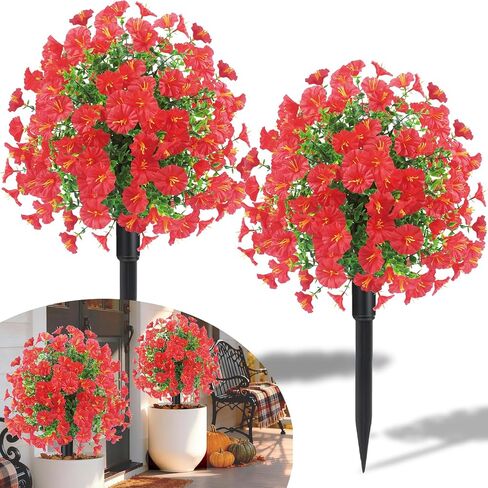 23" Set of 2 Artificial Boxwood Topiary Ball Flowers Tree with Spikes,UV Resistant Fake Mums Outdoor Shrubs with Flowers, Faux Plants Bushes for Garden Front Porch Yard Patio (Purple) in Saudi Arabia