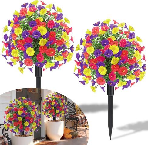 23" Set of 2 Artificial Boxwood Topiary Ball Flowers Tree with Spikes,UV Resistant Fake Mums Outdoor Shrubs with Flowers, Faux Plants Bushes for Garden Front Porch Yard Patio (Purple) in Saudi Arabia