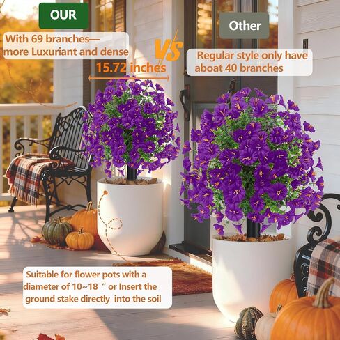 23" Set of 2 Artificial Boxwood Topiary Ball Flowers Tree with Spikes,UV Resistant Fake Mums Outdoor Shrubs with Flowers, Faux Plants Bushes for Garden Front Porch Yard Patio (Purple) in Saudi Arabia