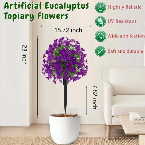 23" Set of 2 Artificial Boxwood Topiary Ball Flowers Tree with Spikes,UV Resistant Fake Mums Outdoor Shrubs with Flowers, Faux Plants Bushes for Garden Front Porch Yard Patio (Purple) in Saudi Arabia
