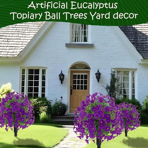 23" Set of 2 Artificial Boxwood Topiary Ball Flowers Tree with Spikes,UV Resistant Fake Mums Outdoor Shrubs with Flowers, Faux Plants Bushes for Garden Front Porch Yard Patio (Purple) in Saudi Arabia