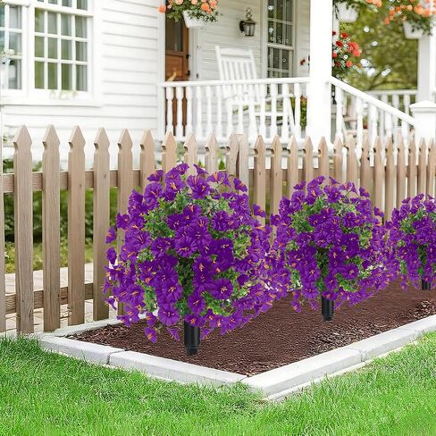 23" Set of 2 Artificial Boxwood Topiary Ball Flowers Tree with Spikes,UV Resistant Fake Mums Outdoor Shrubs with Flowers, Faux Plants Bushes for Garden Front Porch Yard Patio (Purple) in Saudi Arabia