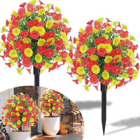 23" Set of 2 Artificial Boxwood Topiary Ball Flowers Tree with Spikes,UV Resistant Fake Mums Outdoor Shrubs with Flowers, Faux Plants Bushes for Garden Front Porch Yard Patio (Purple) in Saudi Arabia