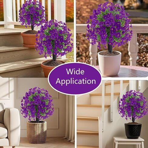 23" Set of 2 Artificial Boxwood Topiary Ball Flowers Tree with Spikes,UV Resistant Fake Mums Outdoor Shrubs with Flowers, Faux Plants Bushes for Garden Front Porch Yard Patio (Purple) in Saudi Arabia
