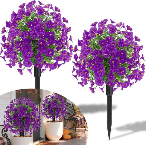 23" Set of 2 Artificial Boxwood Topiary Ball Flowers Tree with Spikes,UV Resistant Fake Mums Outdoor Shrubs with Flowers, Faux Plants Bushes for Garden Front Porch Yard Patio (Purple) in Saudi Arabia