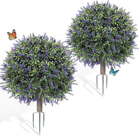 2 Pack Artificial Boxwood Topiary Ball Trees, 21.6'' Fake Plants for Outdoor Indoor Artificial Shrubs with Ground Spike, UV Resistant Fake Bushes for Front Porch Patio Garden (White Lavender Flowers) in Saudi Arabia