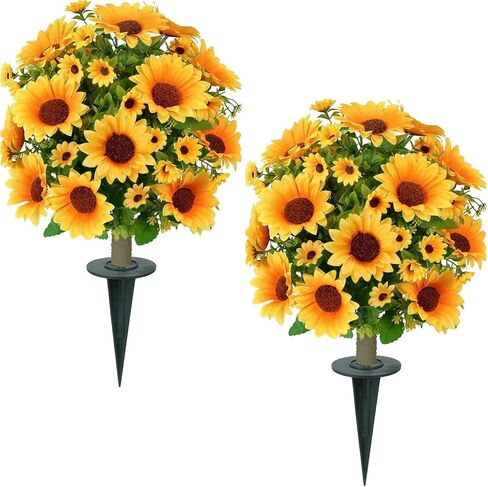 24" Artificial Boxwood Topiary Ball Tree with Ground Spike Sunflower for Outdoor Planters, UV Resistant & Waterproof Bushes, Fake Outdoor Plants for Porch Garden Yard, Set of 2 in Saudi Arabia