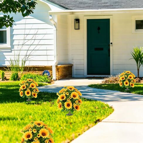 24" Artificial Boxwood Topiary Ball Tree with Ground Spike Sunflower for Outdoor Planters, UV Resistant & Waterproof Bushes, Fake Outdoor Plants for Porch Garden Yard, Set of 2 in Saudi Arabia