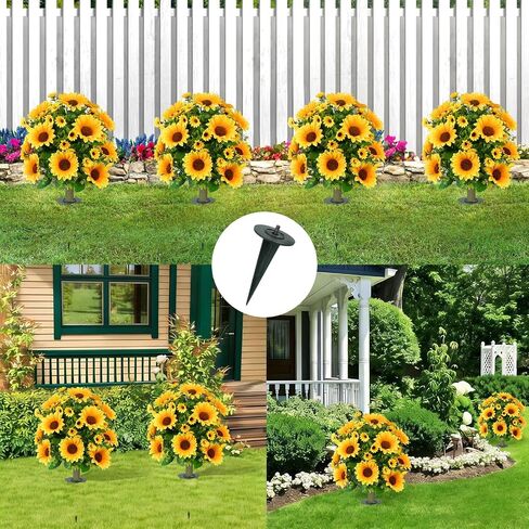 24" Artificial Boxwood Topiary Ball Tree with Ground Spike Sunflower for Outdoor Planters, UV Resistant & Waterproof Bushes, Fake Outdoor Plants for Porch Garden Yard, Set of 2 in Saudi Arabia