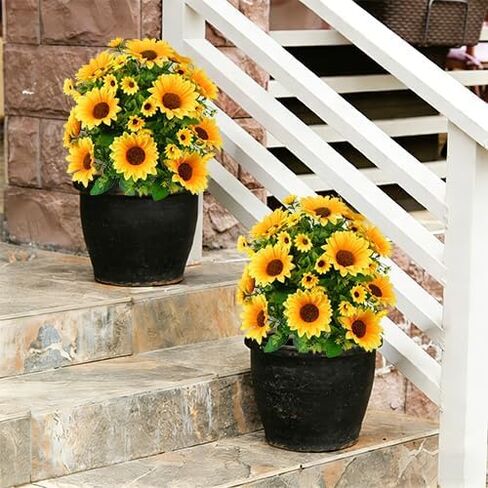 24" Artificial Boxwood Topiary Ball Tree with Ground Spike Sunflower for Outdoor Planters, UV Resistant & Waterproof Bushes, Fake Outdoor Plants for Porch Garden Yard, Set of 2 in Saudi Arabia