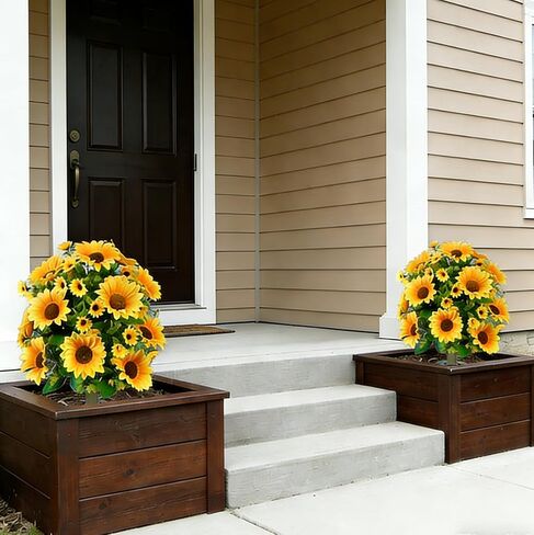 24" Artificial Boxwood Topiary Ball Tree with Ground Spike Sunflower for Outdoor Planters, UV Resistant & Waterproof Bushes, Fake Outdoor Plants for Porch Garden Yard, Set of 2 in Saudi Arabia