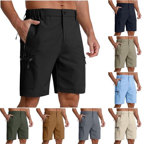 Men's Cargo Shorts with Multi Zipper Pockets Above Knee Bermuda Shorts Relaxed Fit Elastic Waist Outdoor Hiking Work in Kuwait