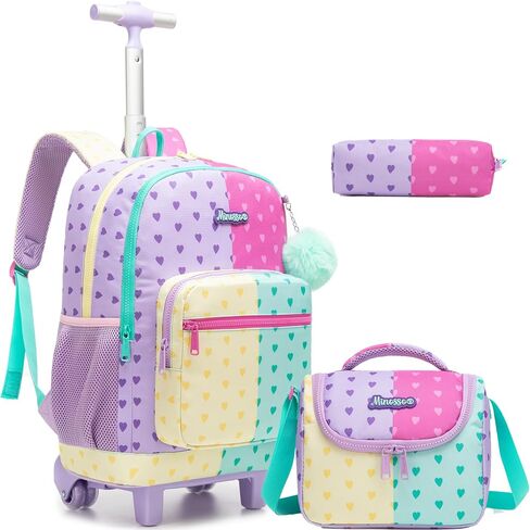 Girls Rolling Backpack with Lunch Box School Backpacks with Wheels 16.5" Roller Backpack for Girls, 3pcs Kids Wheeled Bookbag for Elementary School in Saudi Arabia