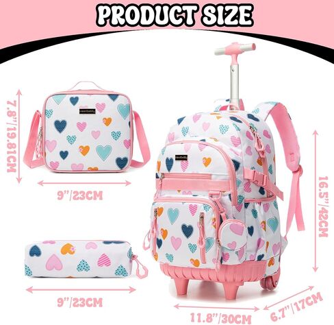 Rolling Backpacks for Kids Backpack for Girls with Lunch Bag Pencil Case 16.5" Kids Backpack with Wheels Roller Backpacks for Girls in Saudi Arabia