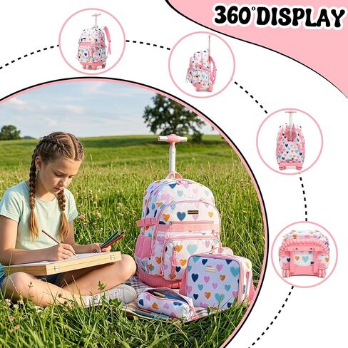 Rolling Backpacks for Kids Backpack for Girls with Lunch Bag Pencil Case 16.5" Kids Backpack with Wheels Roller Backpacks for Girls in Saudi Arabia