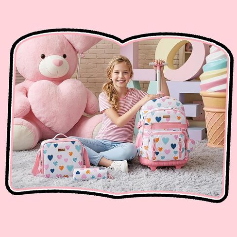 Rolling Backpacks for Kids Backpack for Girls with Lunch Bag Pencil Case 16.5" Kids Backpack with Wheels Roller Backpacks for Girls in Saudi Arabia