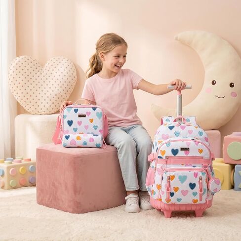 Rolling Backpacks for Kids Backpack for Girls with Lunch Bag Pencil Case 16.5" Kids Backpack with Wheels Roller Backpacks for Girls in Saudi Arabia