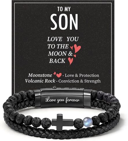 VNOX Christian Cross Bracelet Gifts for Men - Love/Strength Natural Gemstone Lava Bead Leather Cross Mens Bracelets Easter Christmas Birthday Valentines Day Religious Jewelry Gift Ideas，Adjustable in Kuwait