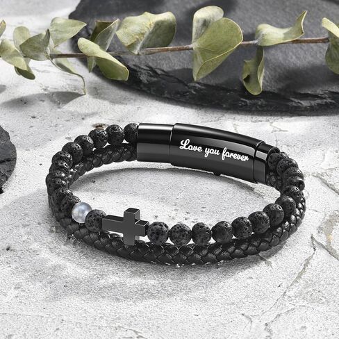 VNOX Christian Cross Bracelet Gifts for Men - Love/Strength Natural Gemstone Lava Bead Leather Cross Mens Bracelets Easter Christmas Birthday Valentines Day Religious Jewelry Gift Ideas，Adjustable in Kuwait