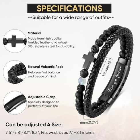 VNOX Christian Cross Bracelet Gifts for Men - Love/Strength Natural Gemstone Lava Bead Leather Cross Mens Bracelets Easter Christmas Birthday Valentines Day Religious Jewelry Gift Ideas，Adjustable in Kuwait