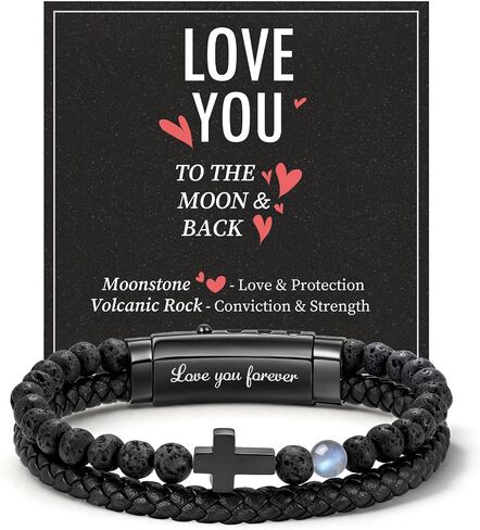 VNOX Christian Cross Bracelet Gifts for Men - Love/Strength Natural Gemstone Lava Bead Leather Cross Mens Bracelets Easter Christmas Birthday Valentines Day Religious Jewelry Gift Ideas，Adjustable in Kuwait