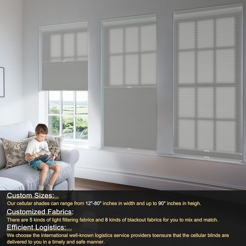 BERISSA Top Down Bottom Up Day Night Cellular Blinds Cordless,No Tools No Drill Blinds for Windows,Blackout/Light Filtering Double Honeycomb Shades Dual Shades for Home Office.Custom Size.Grey in Kuwait