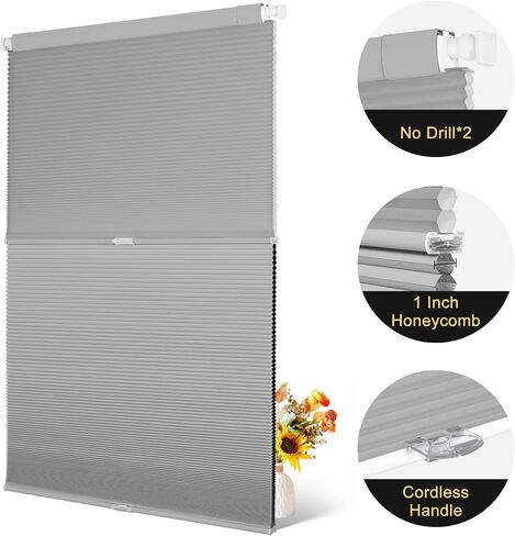 BERISSA Top Down Bottom Up Day Night Cellular Blinds Cordless,No Tools No Drill Blinds for Windows,Blackout/Light Filtering Double Honeycomb Shades Dual Shades for Home Office.Custom Size.Grey in Kuwait