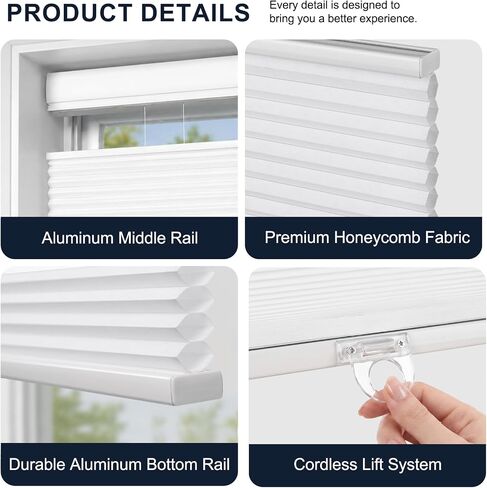 Serlmwnt Cordless Cellular Shades - Honeycomb Blinds for Indoor Windows,No Drill Blackout Shades,Thermal Insulation & Noise Reduction,Suitable for Bedrooms,Kitchens,Living Rooms, Etc.White,34"×72" in Kuwait