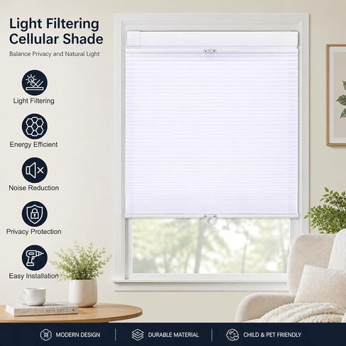 Serlmwnt Cordless Cellular Shades - Honeycomb Blinds for Indoor Windows,No Drill Blackout Shades,Thermal Insulation & Noise Reduction,Suitable for Bedrooms,Kitchens,Living Rooms, Etc.White,34"×72" in Kuwait