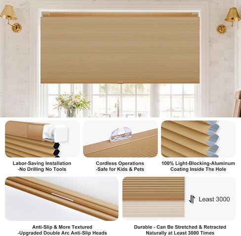 Shade&Beyond No Tools No Drill Window Blinds for Indoor Windows, 35" W X 24" H Camel Blackout Shades Cellular Shades Cordless, No Drill Blinds for Windows, Window Shades for Home, Bedrooms in Saudi Arabia