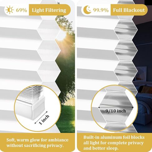 Shade&Beyond No Drill No Tools 20" W X 36" H White Blackout Cellular Shades Easy to Install for Indoor Windows Cordless Honeycomb Blinds Thermal Insulated Noise Reduction,Custom Size in Saudi Arabia
