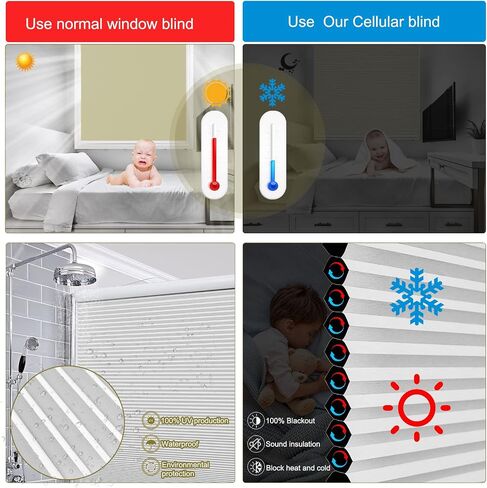 Custom Size Cordless Cellular Window Shades Blackout Waterproof Thermal Insulated Honeycomb Shades for Indoor Windows Pull Down Blinds for Kitchen Bathroom Living Room, White in Kuwait