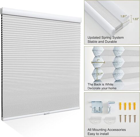 Custom Size Cordless Cellular Window Shades Blackout Waterproof Thermal Insulated Honeycomb Shades for Indoor Windows Pull Down Blinds for Kitchen Bathroom Living Room, White in Kuwait
