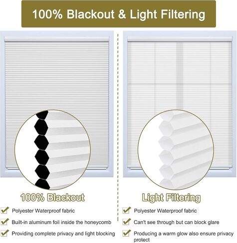 Custom Size Cordless Cellular Window Shades Blackout Waterproof Thermal Insulated Honeycomb Shades for Indoor Windows Pull Down Blinds for Kitchen Bathroom Living Room, White in Kuwait