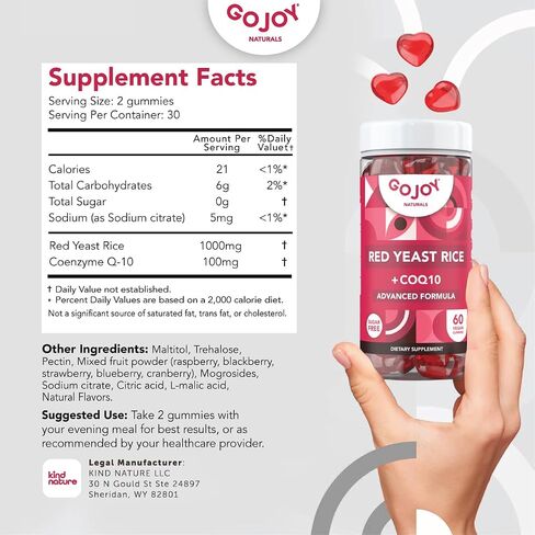 GOJOY Naturals Red Yeast Rice with CoQ10 Gummies - Sugar-Free Heart Health Supplement - Red Rice Yeast 1000mg + CoQ10 100mg - Citrinin-Free, Vegan, Non-GMO in Saudi Arabia