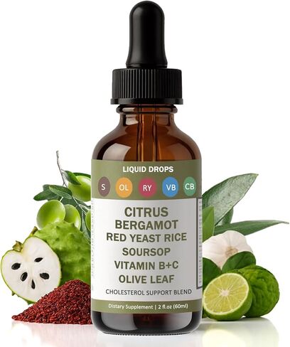 Red Yeast Rice Drops - Cholesterol Support Blend with Citrus Bergamot, Red Yeast Rice, Soursop, Olive Leaf & Vitamin B+C, Natural, Non-GMO, Vegan, Dietary Supplement, 2 fl oz in Kuwait