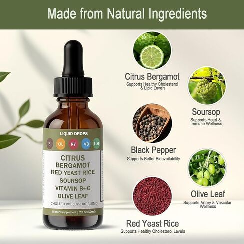Red Yeast Rice Drops - Cholesterol Support Blend with Citrus Bergamot, Red Yeast Rice, Soursop, Olive Leaf & Vitamin B+C, Natural, Non-GMO, Vegan, Dietary Supplement, 2 fl oz in Kuwait
