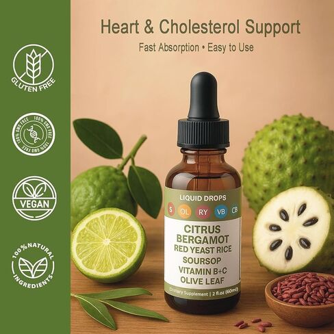 Red Yeast Rice Drops - Cholesterol Support Blend with Citrus Bergamot, Red Yeast Rice, Soursop, Olive Leaf & Vitamin B+C, Natural, Non-GMO, Vegan, Dietary Supplement, 2 fl oz in Kuwait